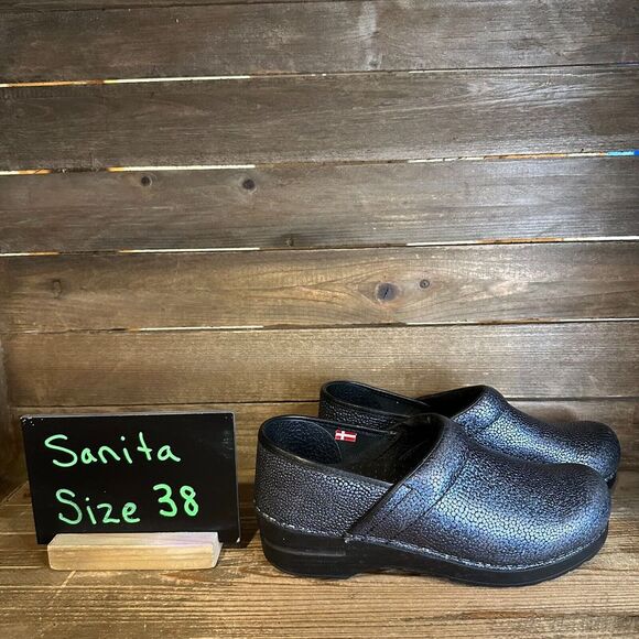 Womens‎ Sanita Iridescent Blue Leather Comfort Clogs Shoes Size 38 US 7 M GUC - Picture 1 of 6